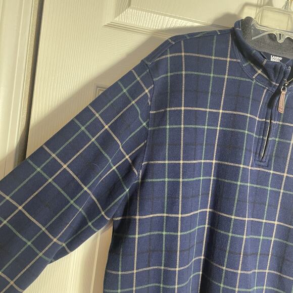 Lands End Sweater Men XL Blue Green Tan Plaid 1/4 Zip Knit Pullover Collared - Picture 2 of 13